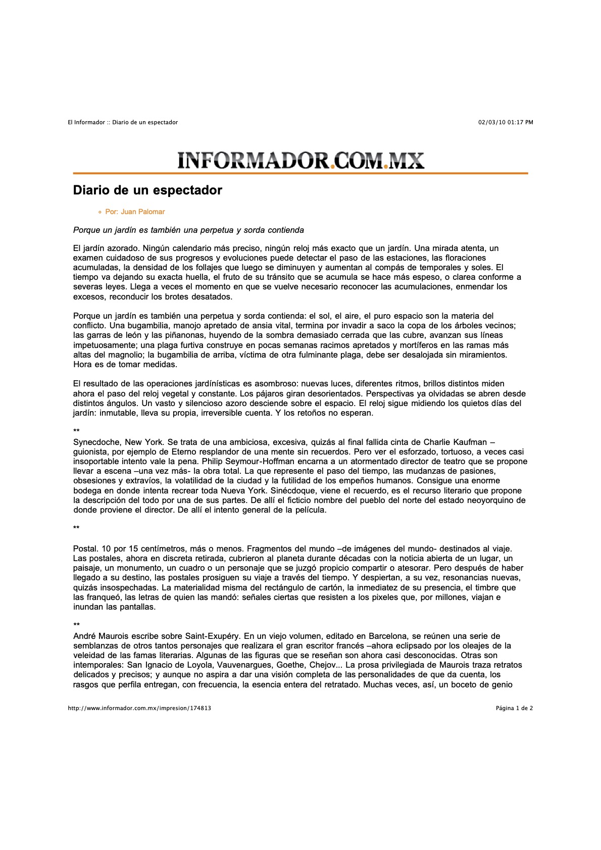 El Informador, DIARIO DE UN EXPECTADOR : Francisco Ugarte